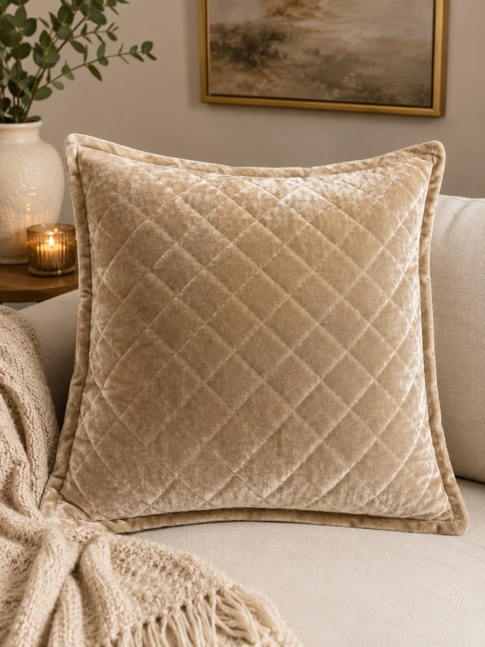 Lili Alessandra Champagne Quilted Velvet Euro Pillow Cover 26” Luxury Designer